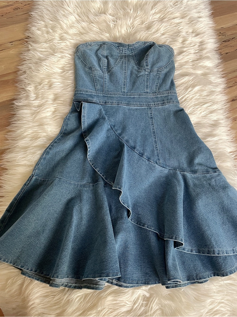 Strapless Denim Ruffle Dress - Blue - Picture 3 of 5